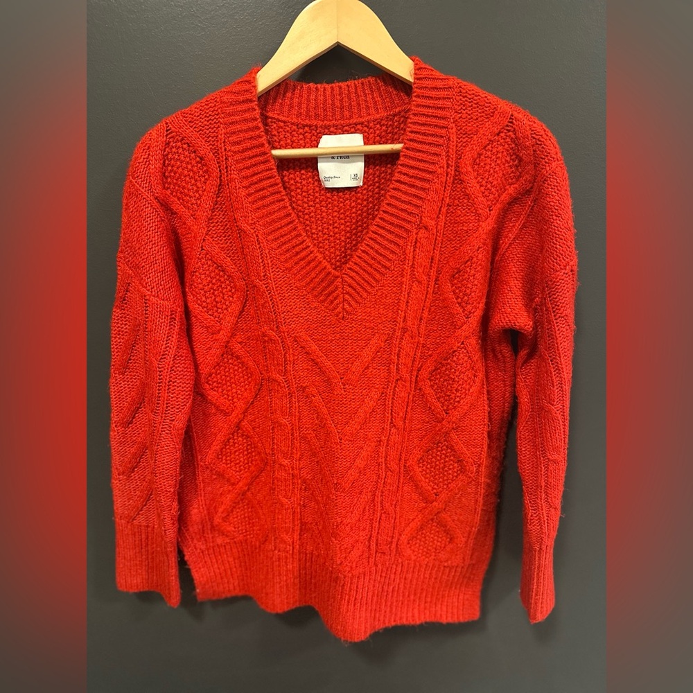 Abercrombie & Fitch Red Cable V-Neck Sweater